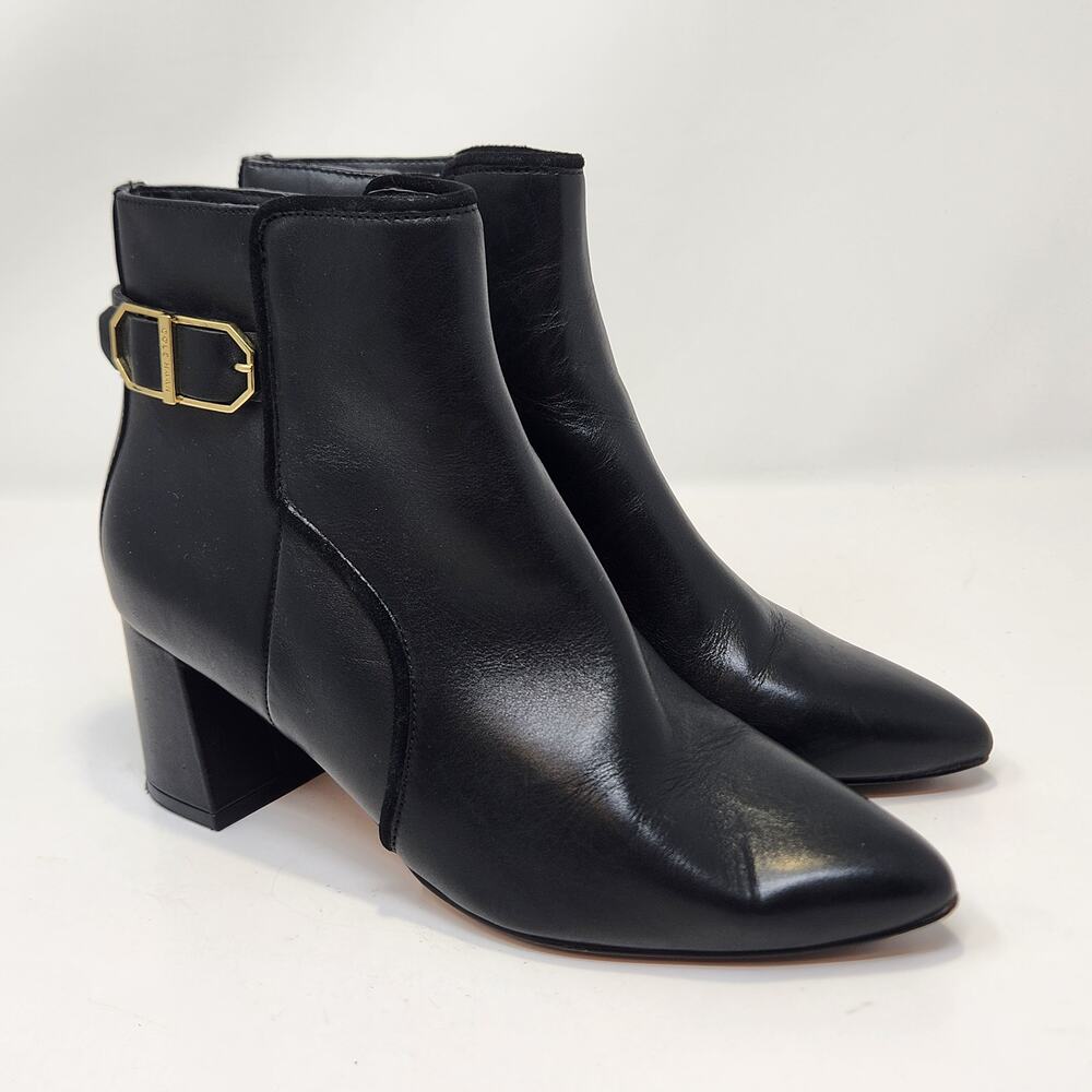 Cole Haan Ettie Buckle Black Leather Ankle Boots Women Size 8B Pointed Toe Zip
